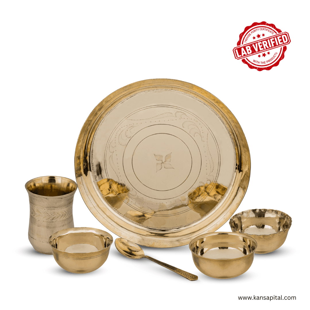 Pure Bronze Handmade Kansa Thali Set |100% Lab Verified | 6 Piece Set of 1 Thali (11.5 inch), 3 Bowls Glass (400 ml) & Spoon | Ayurvedic Digestion & Immunity | Glossy Gold Finish | 1.75 KG